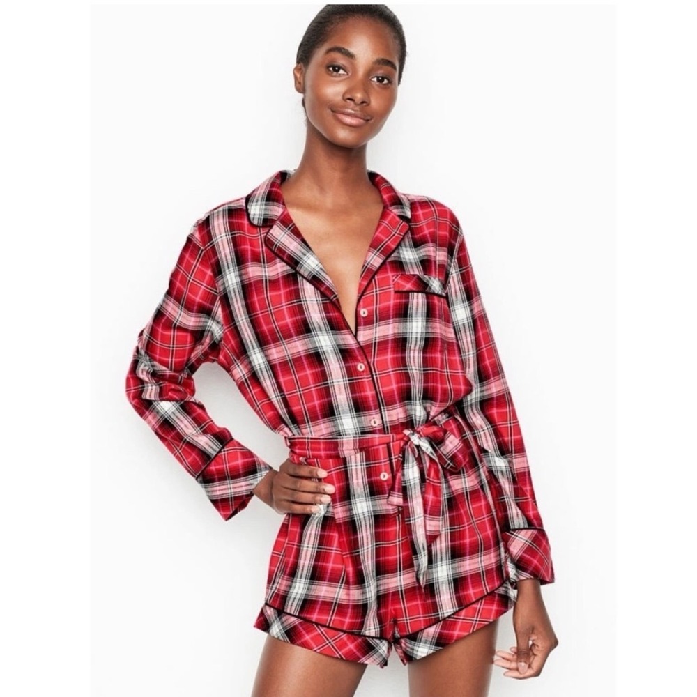 VICTORIA'S SECRET size L Red Pink & Plaid Flannel Romper 1 Pc belted Pajamas